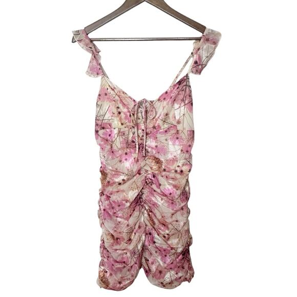 Fanco Pink Floral Ruched Mini Dress Small Ruffle Tie Front Cottagecore Fairy - Picture 2 of 12